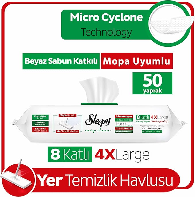 Sleepy Easy Clean Beyaz Sabun Katkılı Mopa Uyumlu Yer Temizlik Havlusu 50 Yaprak