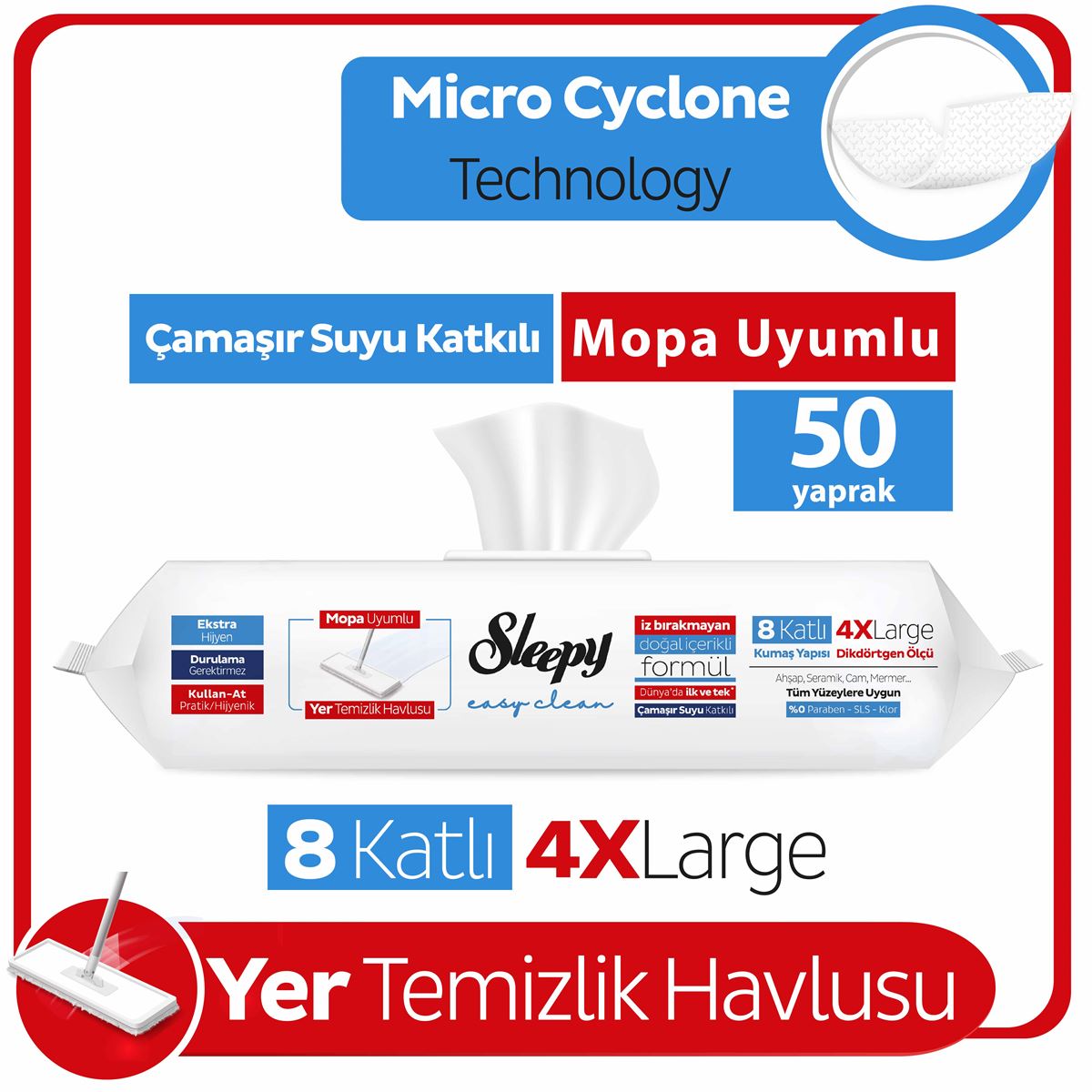 Sleepy Easy Clean Çamaşır Suyu Katkılı Mopa Uyumlu Yer Temizlik Havlusu 50 Yaprak